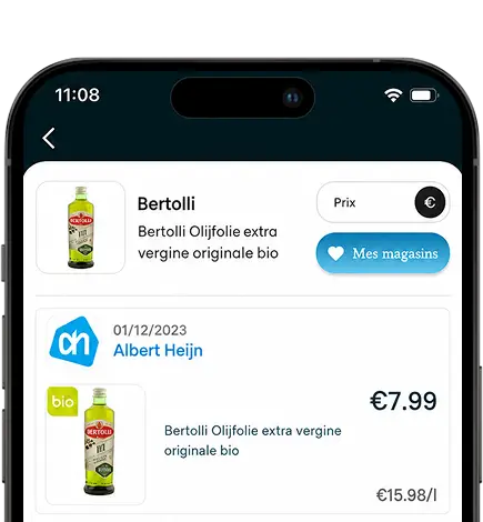 Mobile screen showing PingPrice product comparison of Bertolli olive oil prices at local supermarkets