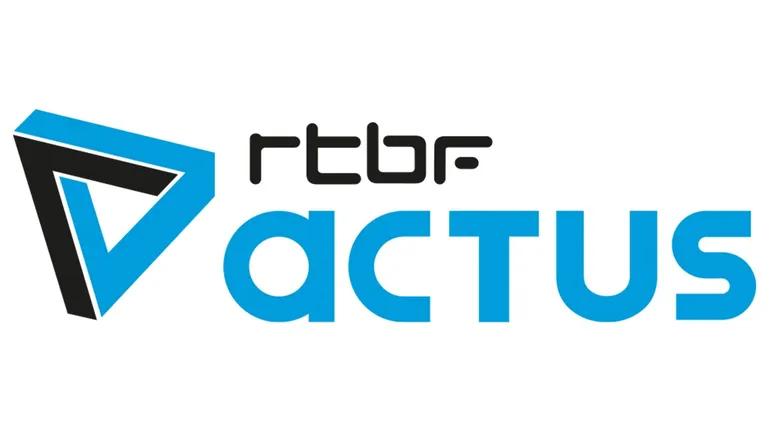 The official logo for RTBF Actus, featuring a stylized blue triangular icon and bold text representing public news media