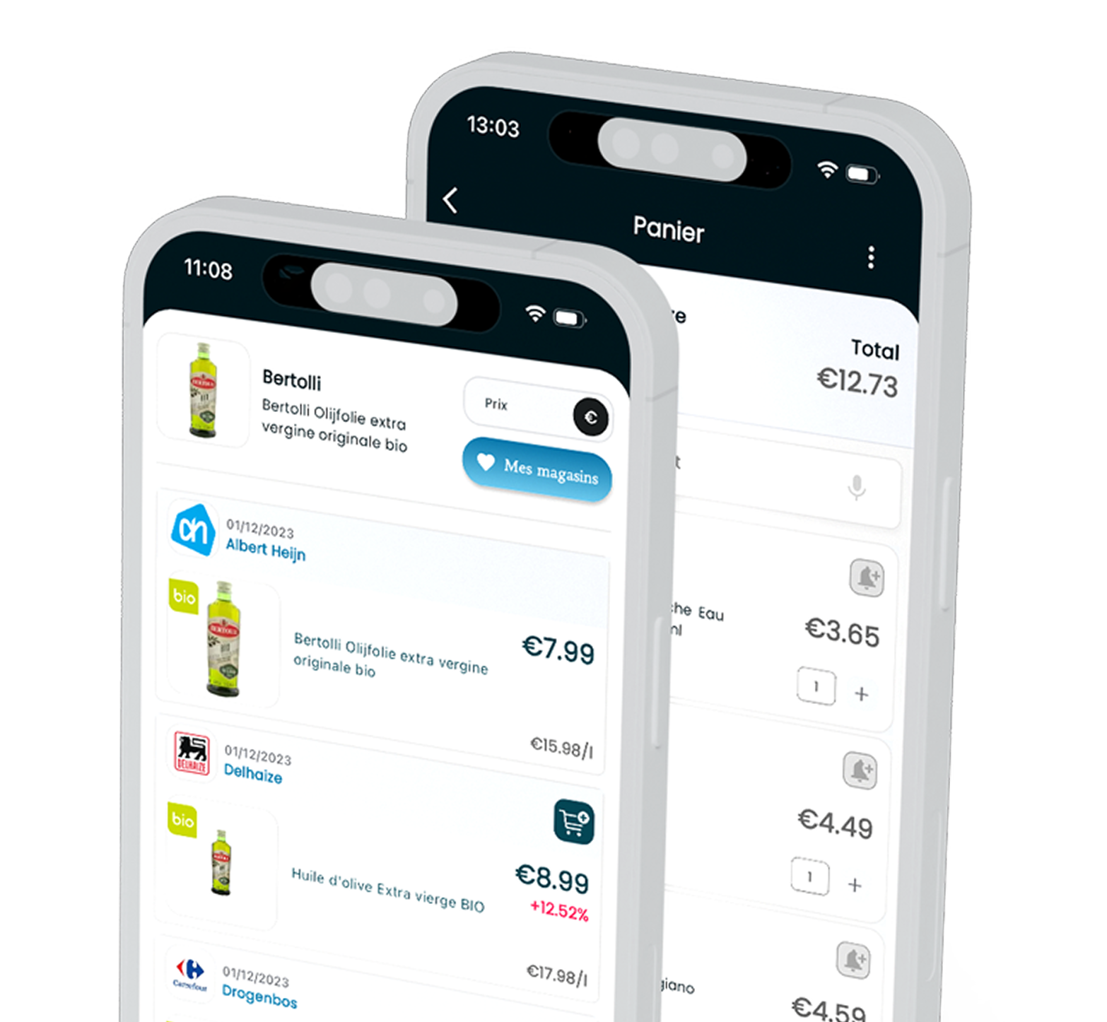 Two smartphones displaying the PingPrice app interface to compare supermarket product prices and track deals