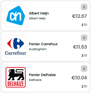 A price comparison list showing supermarket product costs and shopping cart details across different grocery stores